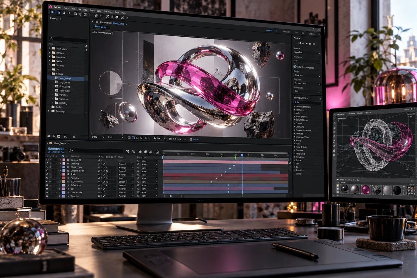 Motion-Design-Arbeitsplatz mit animierter 3D-Komposition