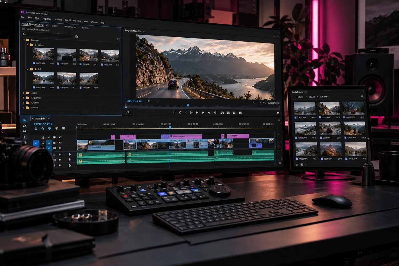 Videoschnitt-Arbeitsplatz mit Premiere-Pro-Timeline und Filmvorschau